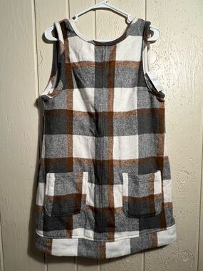 Plaid Sleeveless Shift Dress with Front Pockets - Gray, White & Brown